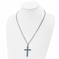 Chisel Stainless Steel Polished Necklace with Blue Carbon Fiber Inlay Cross Pendant on a Curb Chain, 22" view 4