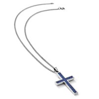 Chisel Stainless Steel Polished Necklace with Blue Carbon Fiber Inlay Cross Pendant on a Curb Chain, 22" view 5