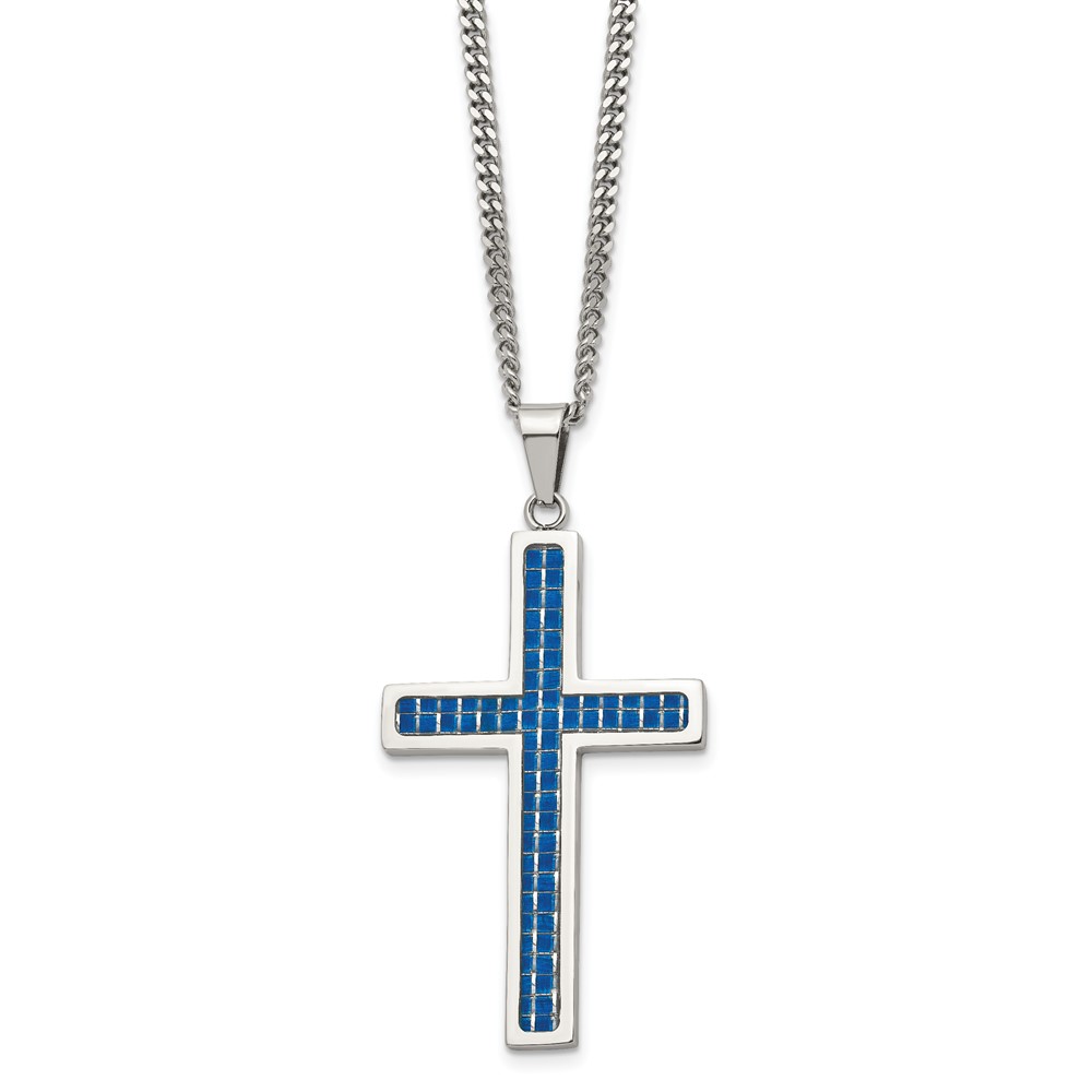 Stainless Steel Polished w/Blue Carbon Fiber Inlay Cross 22in Necklace