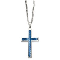 Chisel Stainless Steel Polished Necklace with Blue Carbon Fiber Inlay Cross Pendant on a Curb Chain, 22" view 1