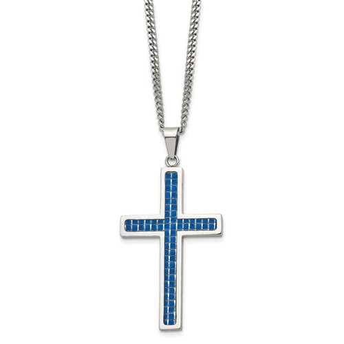 Chisel Stainless Steel Polished Necklace with Blue Carbon Fiber Inlay Cross Pendant on a Curb Chain, 22"