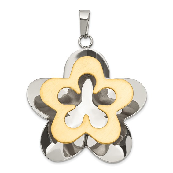 Stainless Steel Polished & Brushed Yellow IP-plated Flower Pendant