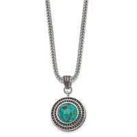 Stainless Steel Antiqued & Polished Imitation Turquoise Necklace with Ext, 2" view 3