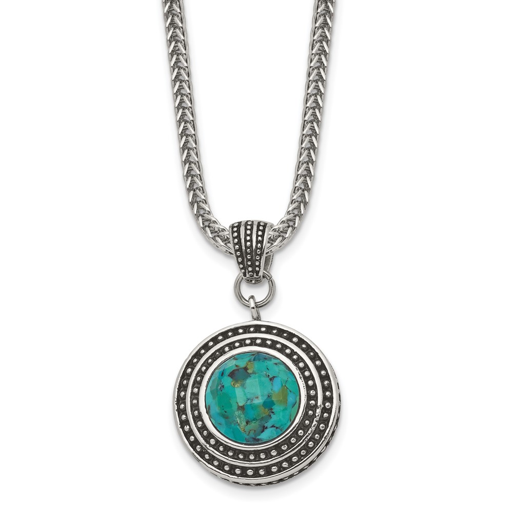 Stainless Steel Antiqued & Polished Imitation Turquoise w/2in ext Necklace