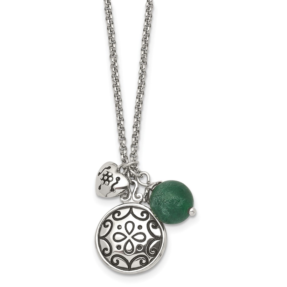 Stainless Steel Antiqued and Polished Synthetic Jade with Necklace, 20"