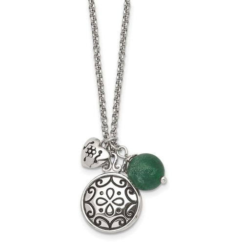 Stainless Steel Antiqued and Polished Synthetic Jade with Necklace, 20"