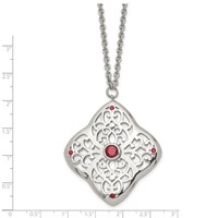Stainless Steel Polished Necklace with Red CZ Square with 2in Ext, 30" view 3
