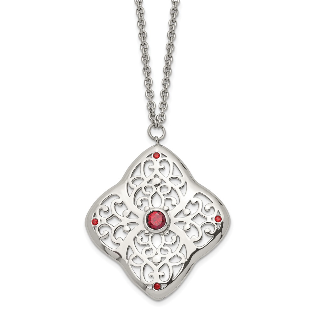 Stainless Steel Polished Necklace with Red CZ Square with 2in Ext, 30"