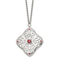 Stainless Steel Polished Necklace with Red CZ Square with 2in Ext, 30" view 1