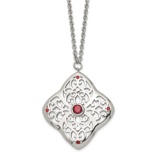 Stainless Steel Polished Necklace with Red CZ Square with 2in Ext, 30"