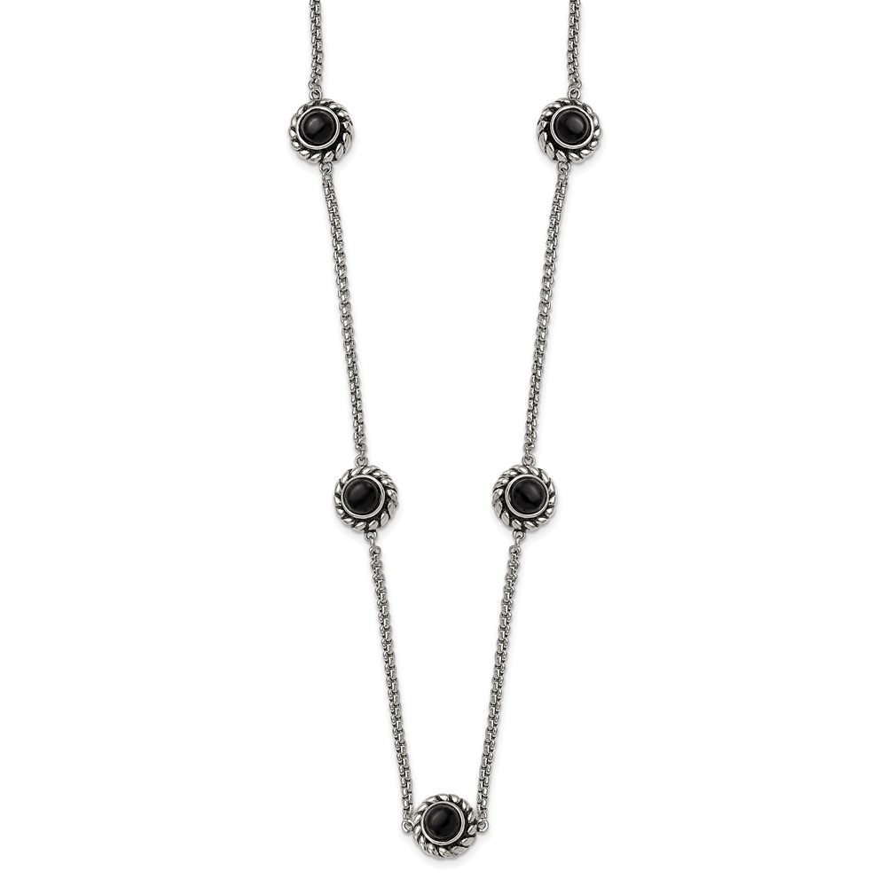Stainless Steel Antiqued/Polished CZ/Onyx Reversible w/3.5in ext Necklace