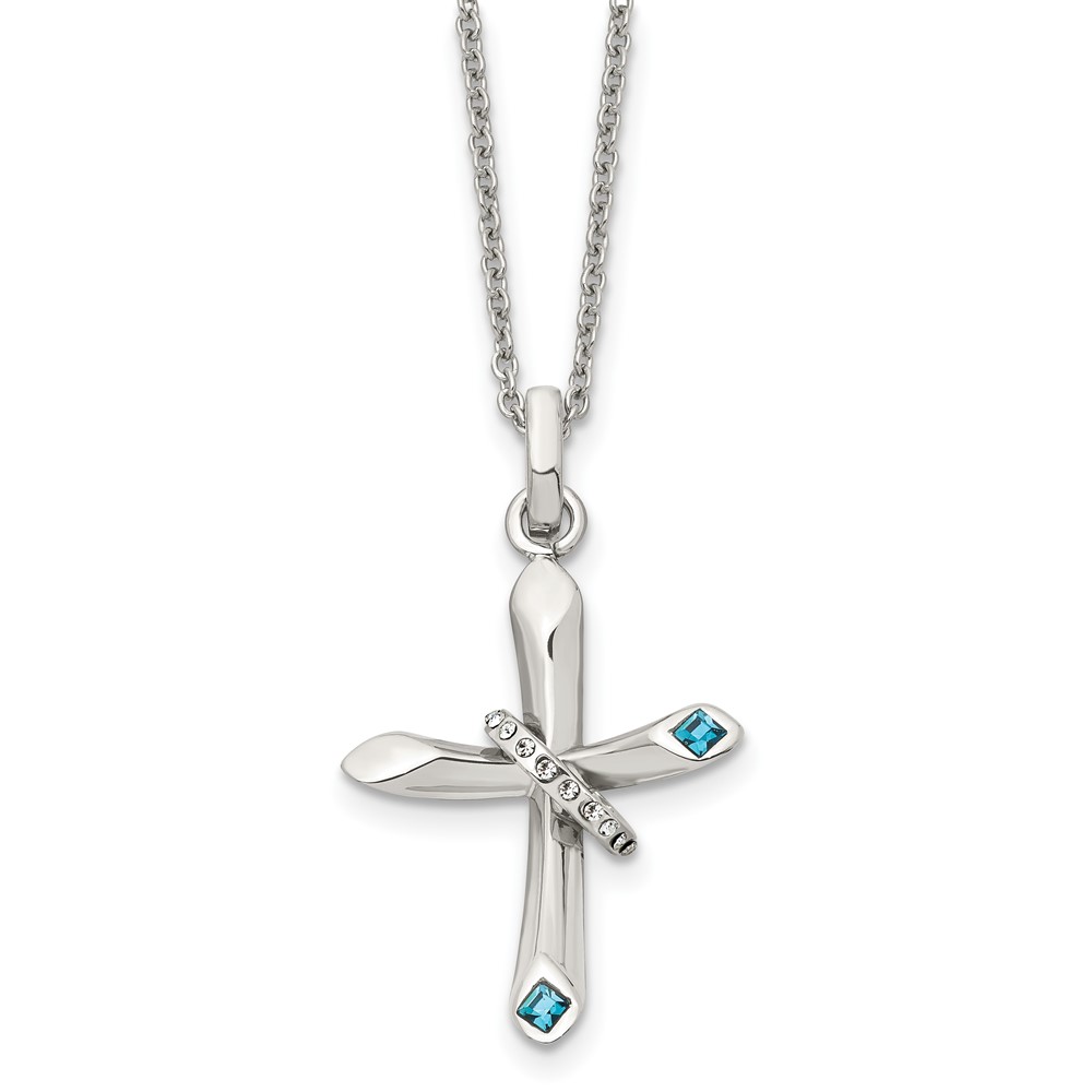 Stainless Steel Polished w/Crystal Cross w/Moveable Crown Necklace