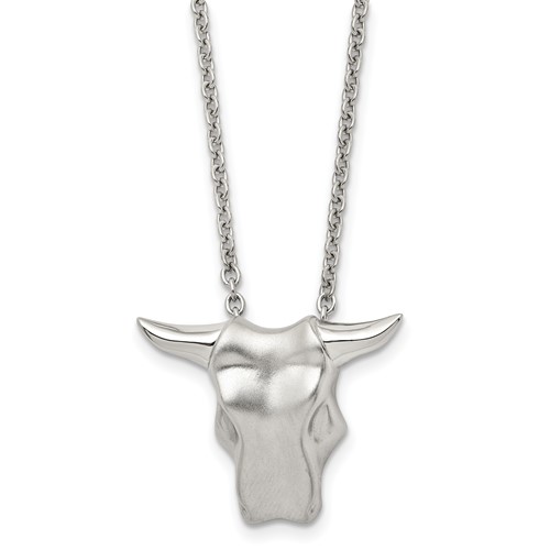 Stainless Steel Brushed Bull Head Necklace, 20"
