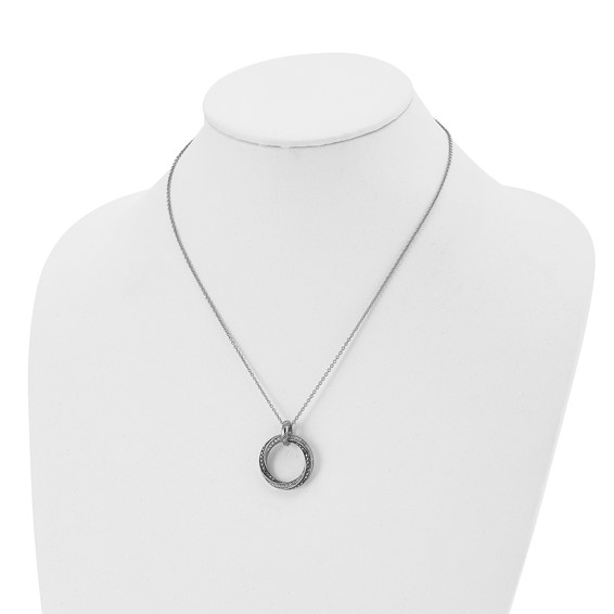 Stainless Steel Antiqued and Polished Black/Clear CZ Circle 18in Necklace