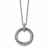 Stainless Steel Antiqued and Polished Black Clear CZ Circle Necklace, 18" view 1