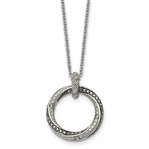 Stainless Steel Antiqued and Polished Black Clear CZ Circle Necklace, 18"