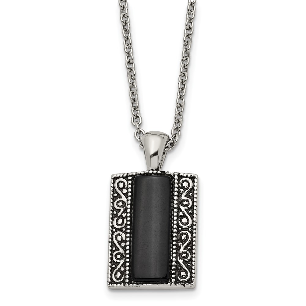 Stainless Steel Antiqued & Polished w/Black Onyx 20in Necklace