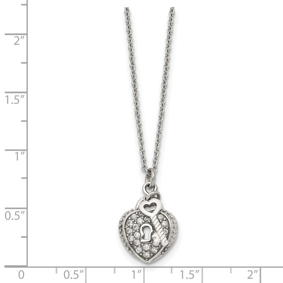 Chisel Stainless Steel Polished CZ Heart Lock and Key 2-Piece Moveable Pendant on an 18 inch Cable Chain Necklace