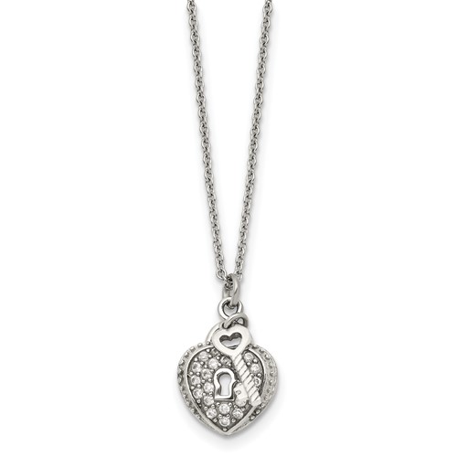 Chisel Stainless Steel Polished CZ Heart Lock and Key 2-Piece Moveable Pendant on an Cable Chain Necklace, 18"