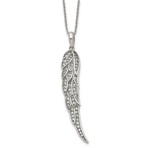Stainless Steel Polished Necklace with CZ Wing with 2in Ext, 20"