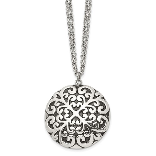 Chisel Stainless Steel Antiqued and Polished Circle Pendant on an Multi-Strand Cable Chain Necklace, 18"