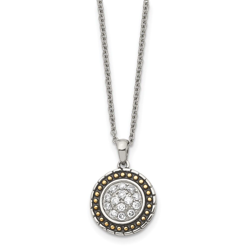 Chisel Stainless Steel Antiqued and Polished Yellow IP-plated Necklace with CZ Circle Pendant on an Cable Chain, 18"
