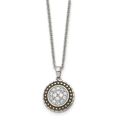 Chisel Stainless Steel Antiqued and Polished Yellow IP-plated Necklace with CZ Circle Pendant on an Cable Chain, 18"