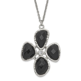 Stainless Steel Fancy CZ and Black Onyx Textured Necklace