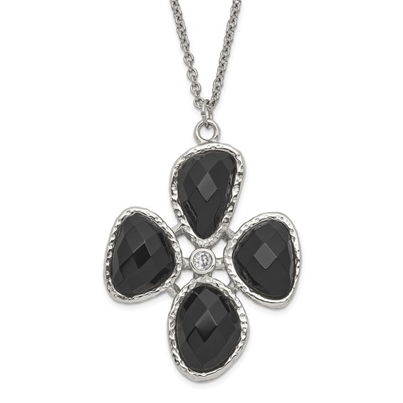 Stainless Steel Fancy CZ and Black Onyx Textured Necklace