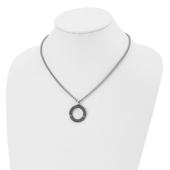 Stainless Steel Antiqued & Polished Yellow IP w/Black CZ 18in Necklace