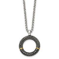 Stainless Steel Antiqued & Polished Yellow IP Necklace with Black CZ, 18" view 1