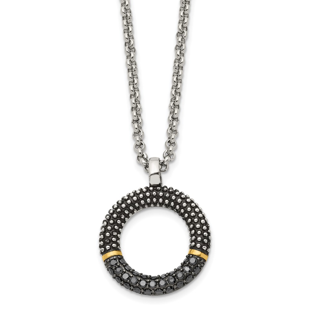 Stainless Steel Antiqued & Polished Yellow IP w/Black CZ 18in Necklace