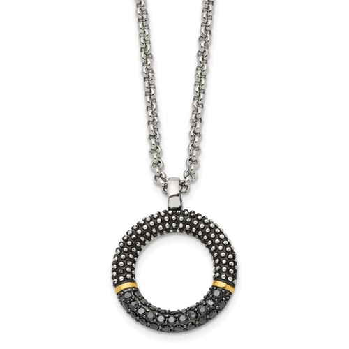 Stainless Steel Antiqued & Polished Yellow IP Necklace with Black CZ, 18"