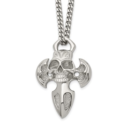 Chisel Stainless Steel Polished Cross Necklace with Skull Pendant on a Curb Chain, 24"
