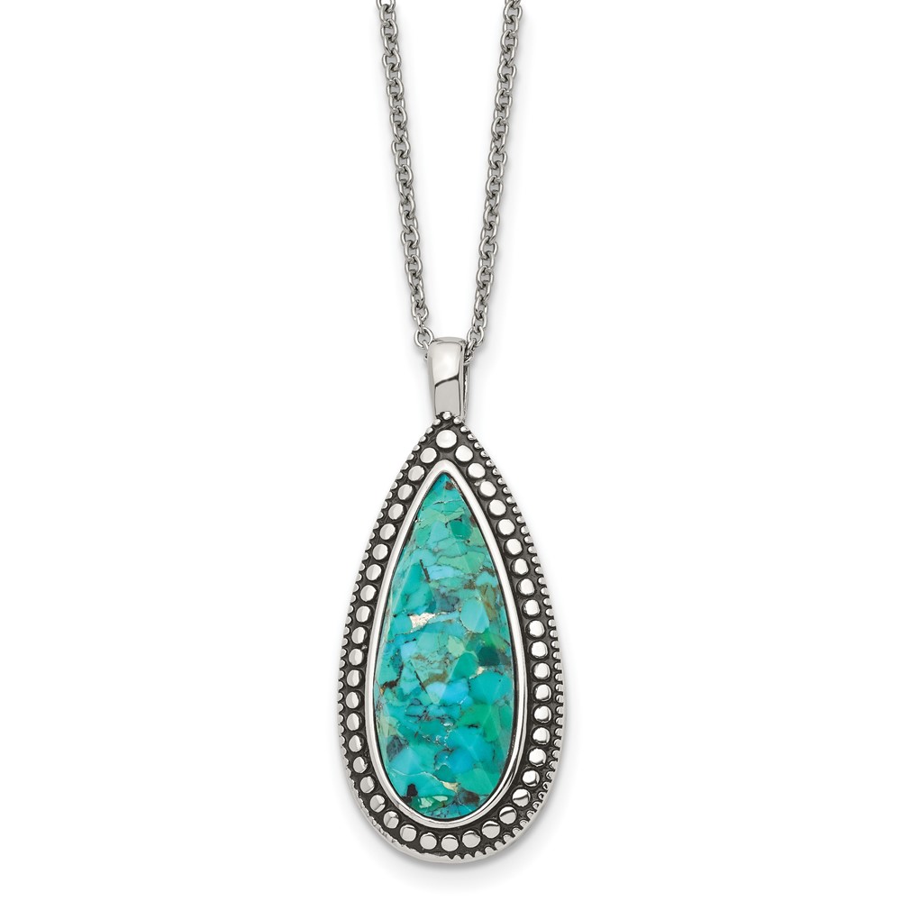 Stainless Steel Antiqued & Polished Imitation Turquoise Teardrop Necklace