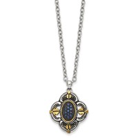 Stainless Steel Antiqued & Polished Yellow IP Necklace with Blue Glass, 18" view 1