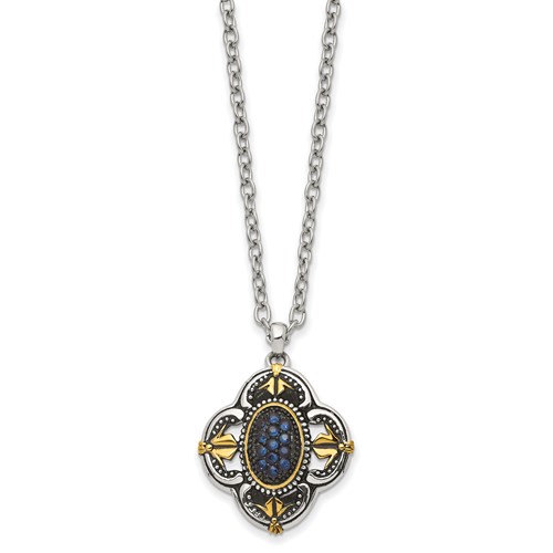 Stainless Steel Antiqued & Polished Yellow IP Necklace with Blue Glass, 18"