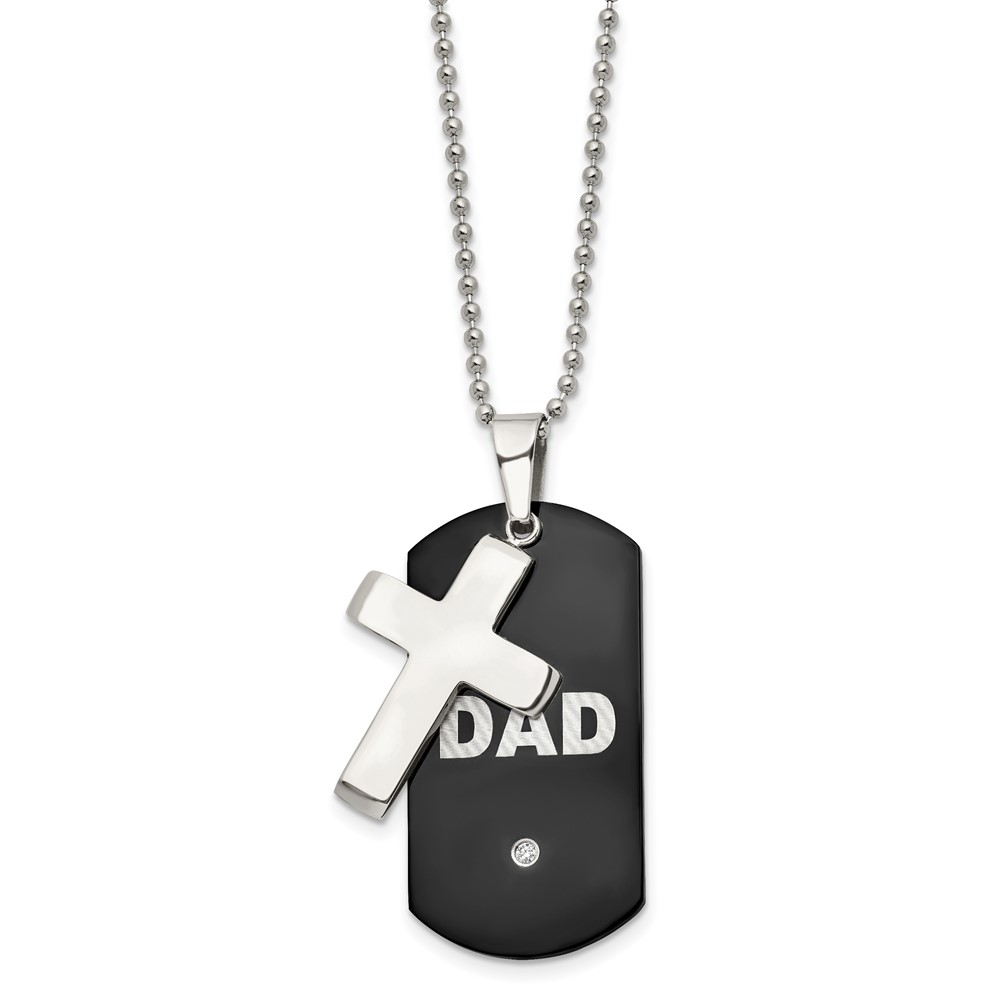Stainless Steel Polished Black IP-plated Dog Tag with CZ Cross Necklace
