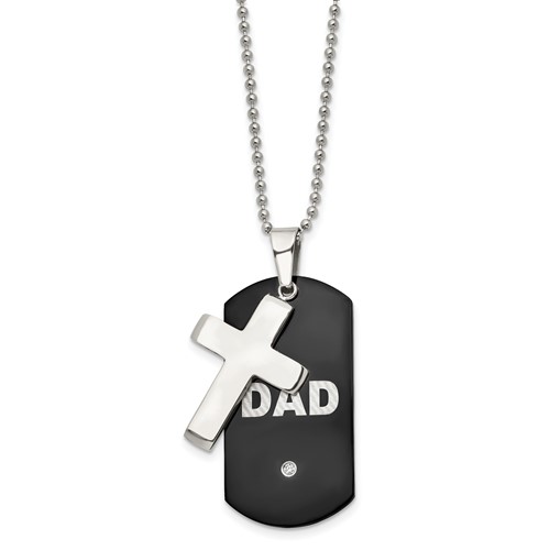 Chisel Stainless Steel Polished Black IP-plated Necklace with CZ Dad Dog Tag and Cross Pendant on a Ball Chain, 22"