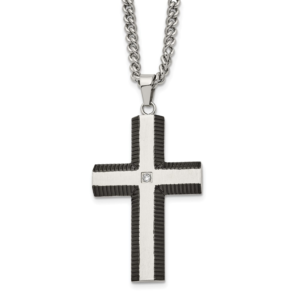 Stainless Steel Brushed and Polished Black IP w/CZ Cross Necklace