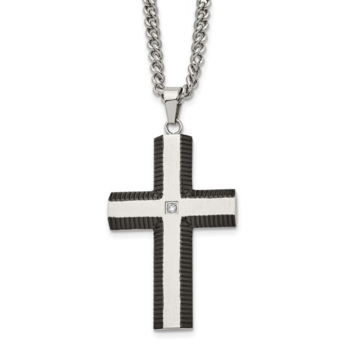 Chisel Stainless Steel Brushed and Polished Black IP-plated Edges Necklace with CZ Cross Pendant on a Curb Chain, 22"