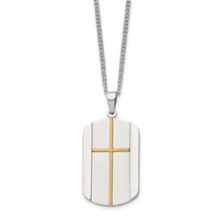 Chisel Stainless Steel Brushed and Polished Yellow IP-plated Cross Dog Tag on a Curb Chain Necklace, 22" view 3