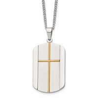 Chisel Stainless Steel Brushed and Polished Yellow IP-plated Cross Dog Tag on a Curb Chain Necklace, 22" view 1