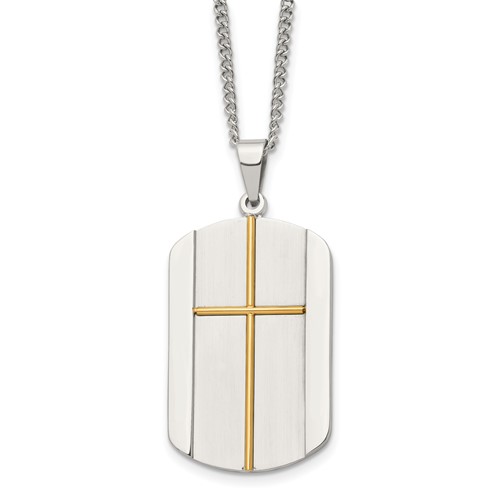 Chisel Stainless Steel Brushed and Polished Yellow IP-plated Cross Dog Tag on a Curb Chain Necklace, 22"