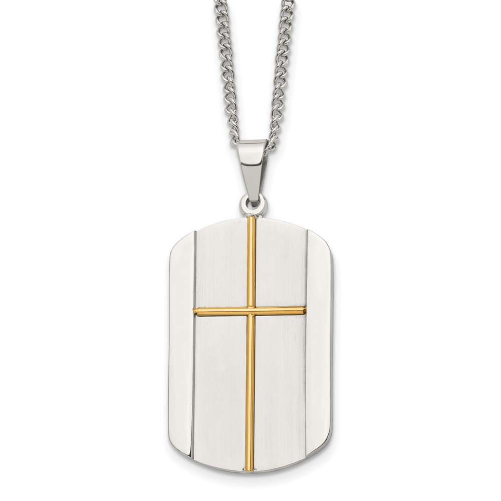 Stainless Steel Brushed and Polished Yellow IP-plated Cross 22in Necklace