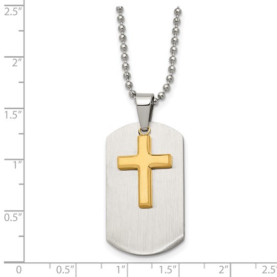 Chisel Stainless Steel Brushed and Polished Yellow IP-plated 2 Piece Cross Dog Tag on a 22 inch Ball Chain Necklace