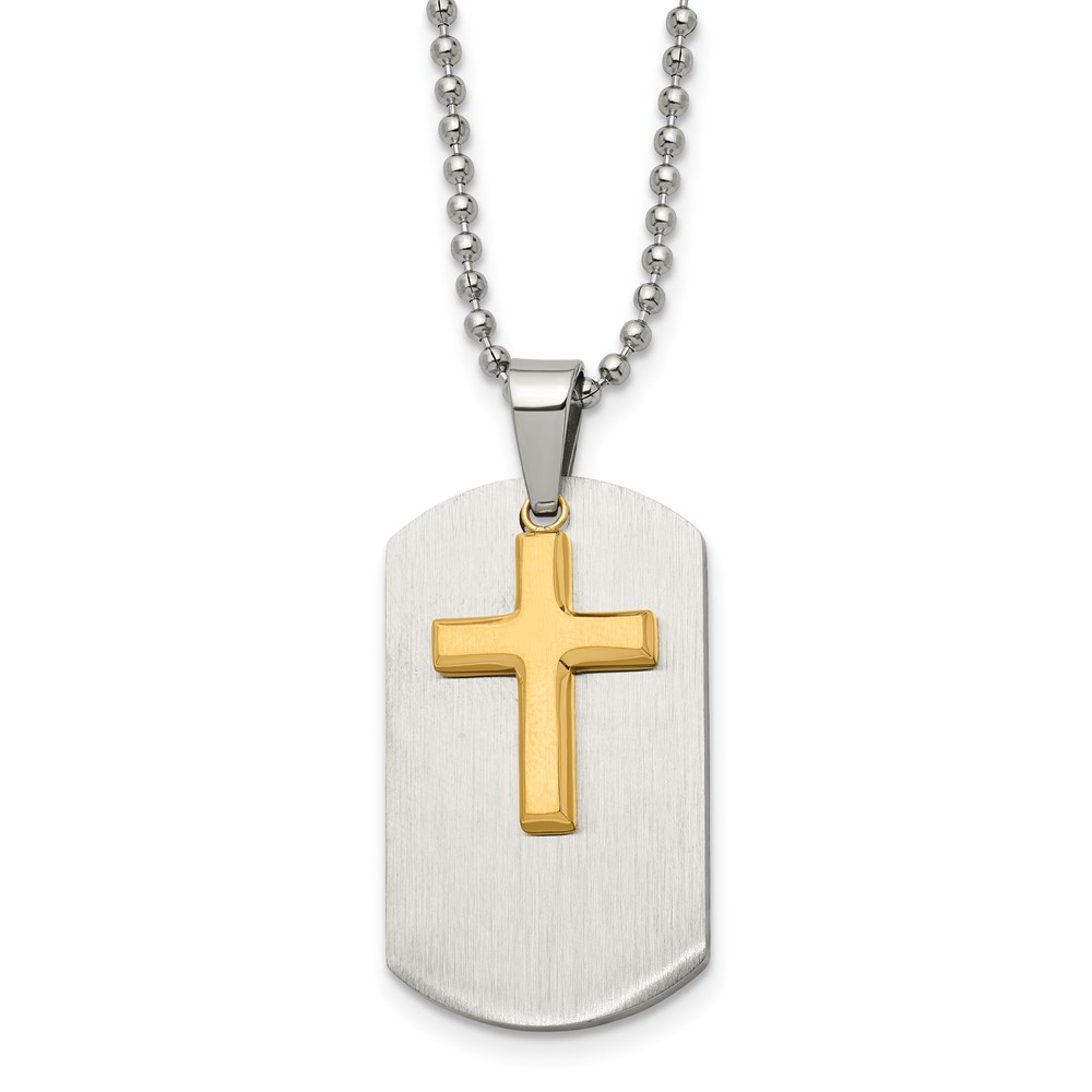 Stainless Steel Brushed & Polished Yellow IP-plated Cross Dog Tag 22in Neck