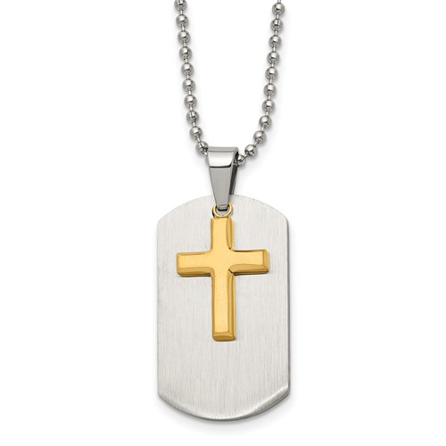 Chisel Stainless Steel Brushed and Polished Yellow IP-plated 2 Piece Cross Dog Tag on a Ball Chain Necklace, 22"