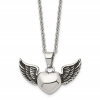 Chisel Stainless Steel Antiqued and Polished Heart Necklace with Wings Pendant on an Cable Chain, 18" view 1