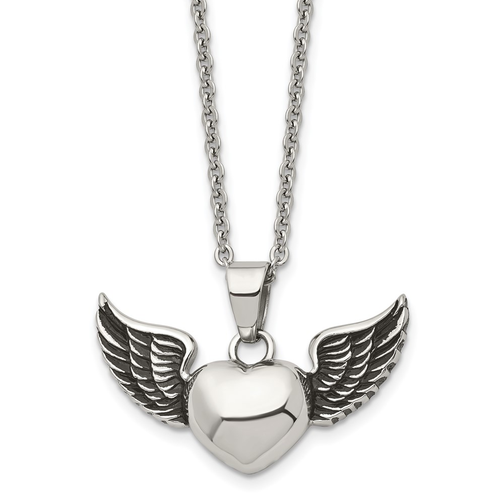 Stainless Steel Antiqued and Polished Heart with Wings 18in Necklace